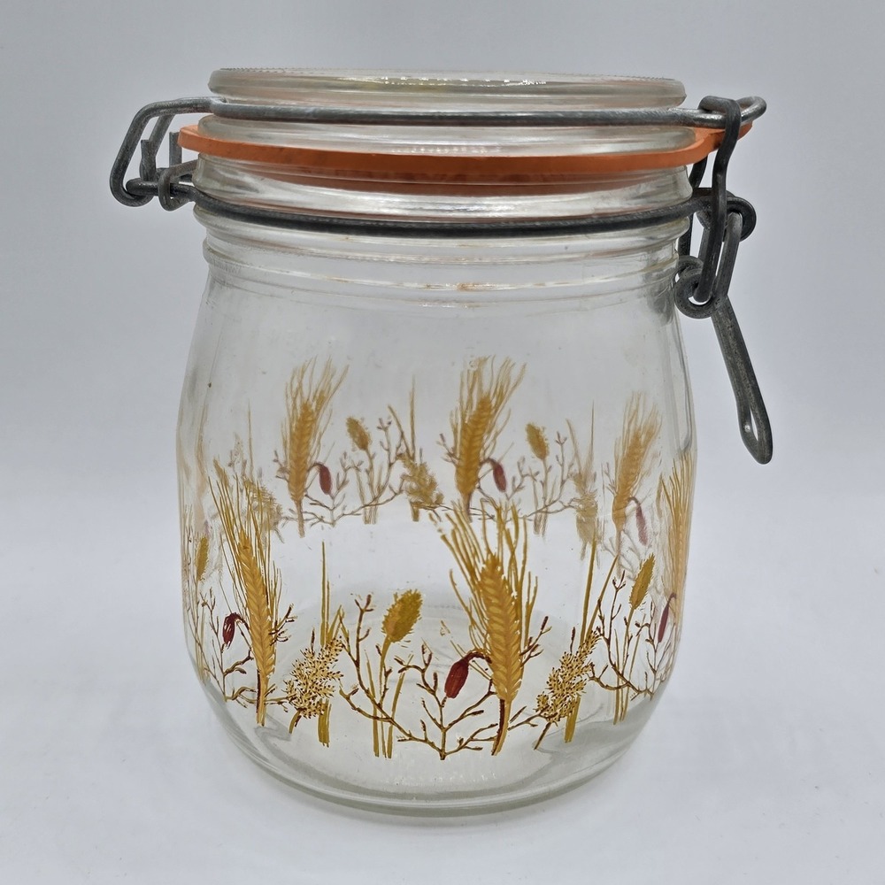 Vintage glass canister with wheat design Lid is stamped arc France